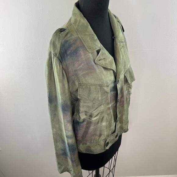Raquel Allegra Silk Twill Green Blue Brown Tie-Dye Military Jacket Relaxed 3 L - Picture 2 of 6